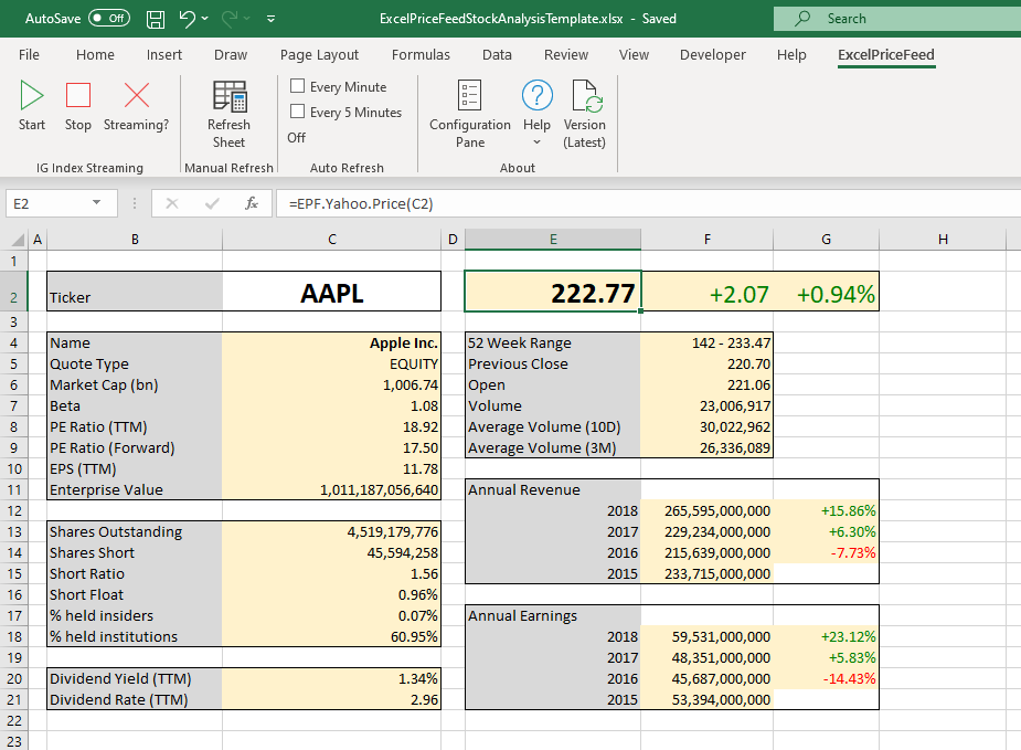 screenshot of Excel Price Feed